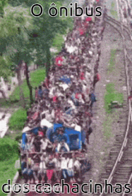 A Large Group Of People Are Riding On A Train With The Words O Onibus Dos Cachacinhas Written On The Bottom GIF