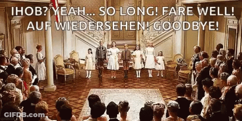 A Large Group Of People Are Standing In A Room With The Words Ihob Yeah So Long Fare Well Auf Wiedersehen Goodbye GIF