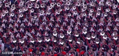 A Large Group Of People Are Standing In A Stadium Playing Instruments . GIF