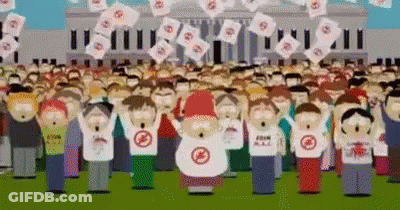 A Large Group Of People Are Standing In Front Of A Building And Holding Up Flags . GIF