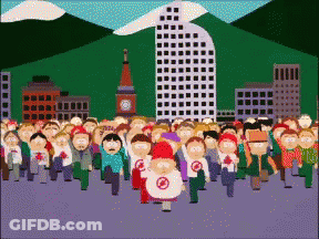 A Large Group Of People Are Walking In A City With A Clock Tower In The Background GIF