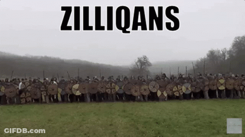 A Large Group Of People Standing In A Field With Shields And Swords And The Words Zilliqans Above Them GIF