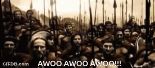 A Large Group Of Soldiers Are Standing In A Line With The Words Awoo Awoo Awoo Written On The Bottom GIF