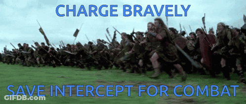 A Large Group Of Soldiers Marching In A Field With The Words " Charge Bravely Save Intercept For Combat " Above Them GIF