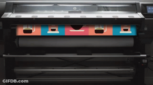 A Large Hp Printer Is Printing A Banner With A Picture Of A Hamburger On It GIF