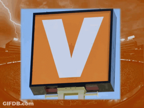 A Large Orange Sign With The Letter V In The Middle GIF