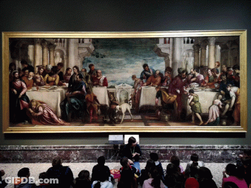 A Large Painting Of People Sitting Around A Table GIF