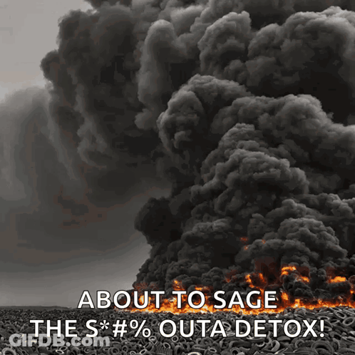 A Large Pile Of Burning Tires With The Words About To Sage The S*#% Outa Detox GIF