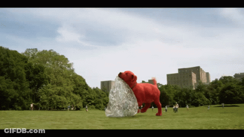 A Large Red Dog Is Holding A Plastic Bag In Its Mouth In A Park GIF