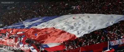 A Large Red White And Blue Flag Is Being Waved By A Crowd Of People GIF