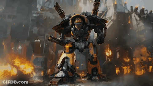 Large Robot With Helmet In Front Of Burning Building GIF