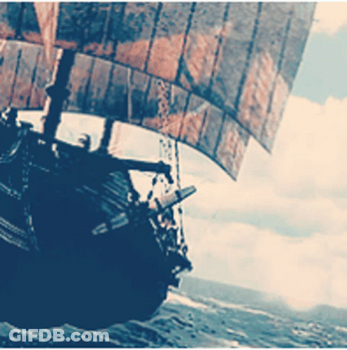 A Large Ship With A Large Sail Is Floating On The Water GIF