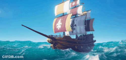 A Large Ship With Flags On The Sails Is Floating On The Ocean GIF