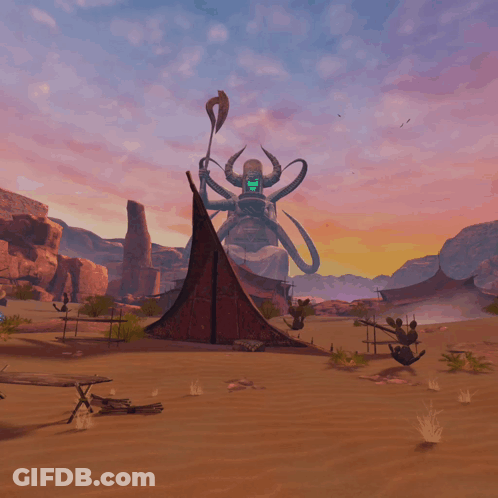 Horns Statue In Desert Landscape GIF