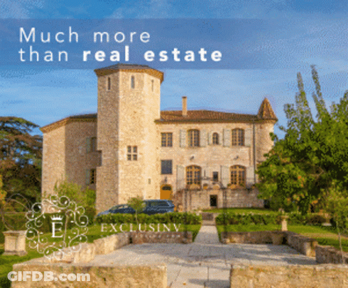 A Large Stone Castle With The Words Much More Than Real Estate Above It GIF