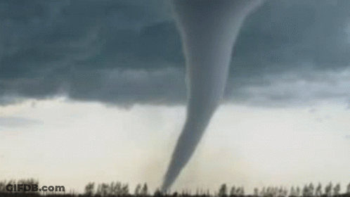 A Large Tornado Is Moving Through A Field With Trees In The Foreground . GIF