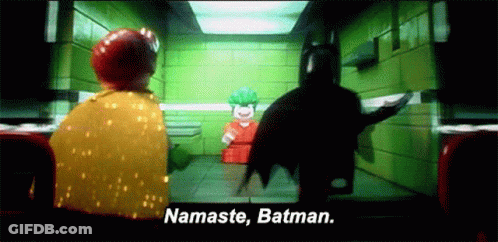 A Lego Batman And Robin Scene With The Words Namaste Batman On The Bottom GIF