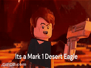 A Lego Character Is Holding A Gun And Says It 'S A Mark 1 Desert Eagle GIF