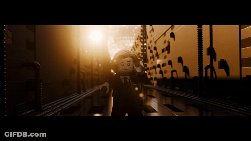 A Lego Character Is Walking Down A Dark Street GIF