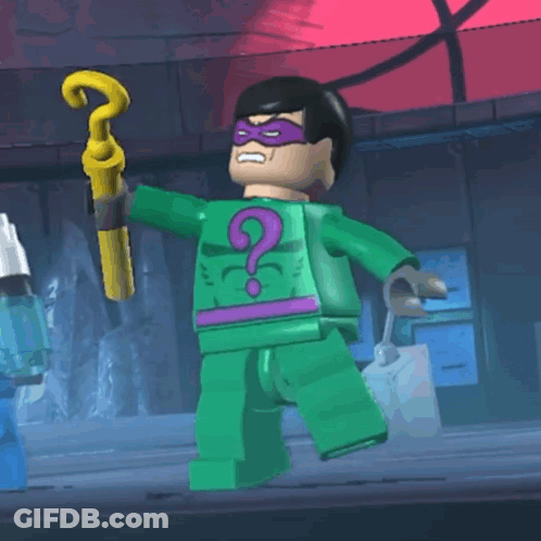 A Lego Character With A Question Mark On His Chest Is Holding A Cane GIF