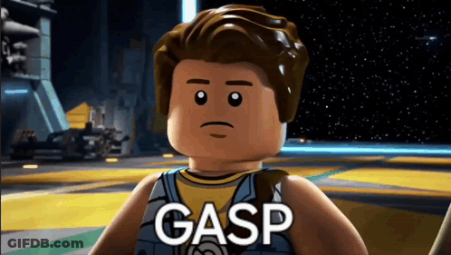 A Lego Character With The Word Gasp Written On His Chest GIF