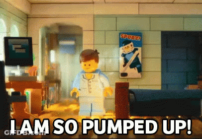 A Lego Figure Is Standing In A Room With The Words I Am So Pumped Up GIF