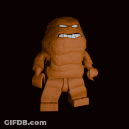 A Lego Figure With A Beard And Big Teeth Is Standing In A Dark Room GIF
