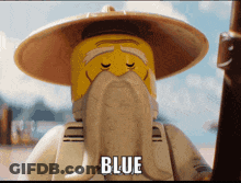 A Lego Figure With A Beard And Hat Says Blue GIF