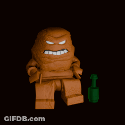 A Lego Figure With A Green Bottle In Front Of It GIF