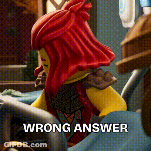 A Lego Figure With Red Hair Is Sitting On A Bed With The Words Wrong Answer Written Below It GIF