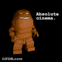A Lego Figure With The Words Absolute Cinema Written Below It GIF