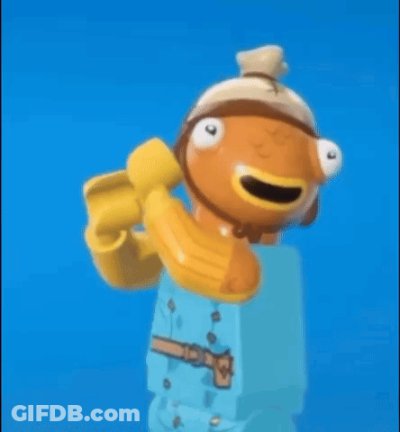 A Lego Fish With A Banana On His Head Is Holding A Banana . GIF