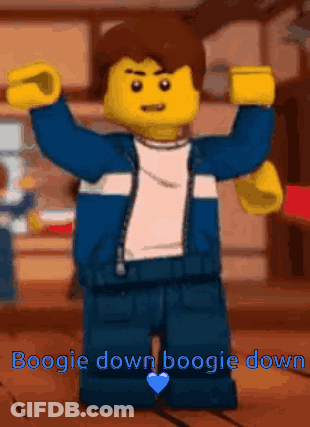 A Lego Man Is Dancing With The Words Boogie Down Boogie Down Written Below Him GIF