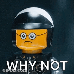 A Lego Man Wearing A Helmet And Glasses Is Holding A Cigarette And Says `` Why Not '' . GIF