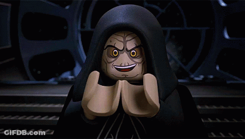 A Lego Star Wars Character Is Smiling With His Hands Folded In Front Of His Face GIF