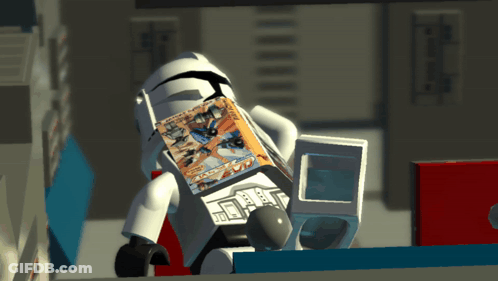 A Lego Storm Trooper Holding A Book That Says ' Star Wars ' On The Cover GIF