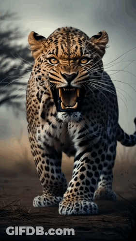 A Leopard With Its Mouth Open And Teeth Visible GIF