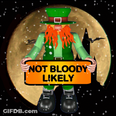 A Leprechaun Holding A Sign That Says " Not Bloody Likely " GIF