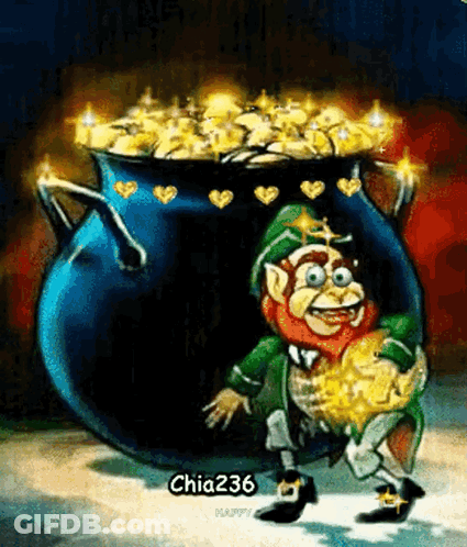 A Leprechaun Is Standing Next To A Pot Of Gold GIF