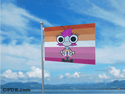 A Lesbian Flag With A Cartoon Character On It Is Flying In The Wind GIF