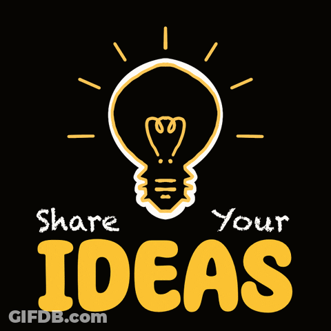 A Light Bulb With The Words " Share Your Ideas " Below It GIF