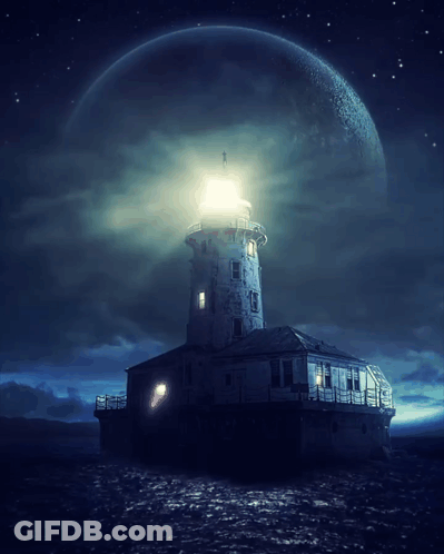 A Lighthouse In The Middle Of The Ocean With A Full Moon Behind It GIF