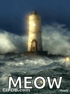 A Lighthouse In The Middle Of The Ocean With The Word Meow Written On It GIF