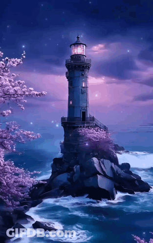 A Lighthouse Sits On A Rocky Cliff Overlooking The Ocean GIF