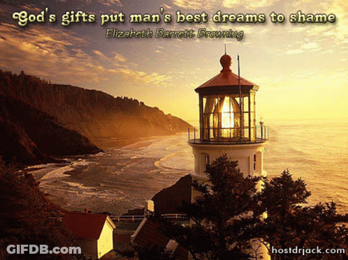 A Lighthouse Sits On Top Of A Hill Overlooking The Ocean With A Quote By Elizabeth Barrett Browning GIF