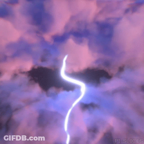 A Lightning Bolt Strikes Through A Cloudy Sky . GIF