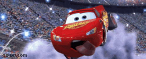 A Lightning Mcqueen From The Movie Cars Is Flying Through The Air GIF