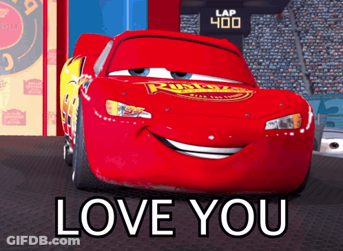 A Lightning Mcqueen From The Movie Cars Is Smiling And Says " Love You " GIF