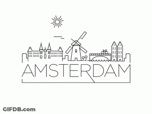 A Line Drawing Of Amsterdam With A Windmill In The Foreground GIF