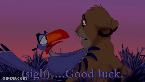 A Lion And A Bird Are Standing Next To Each Other With The Words " Sigh Good Luck " Below Them GIF